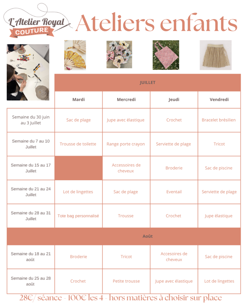 Planning des ateliers enfants – Juillet & Août